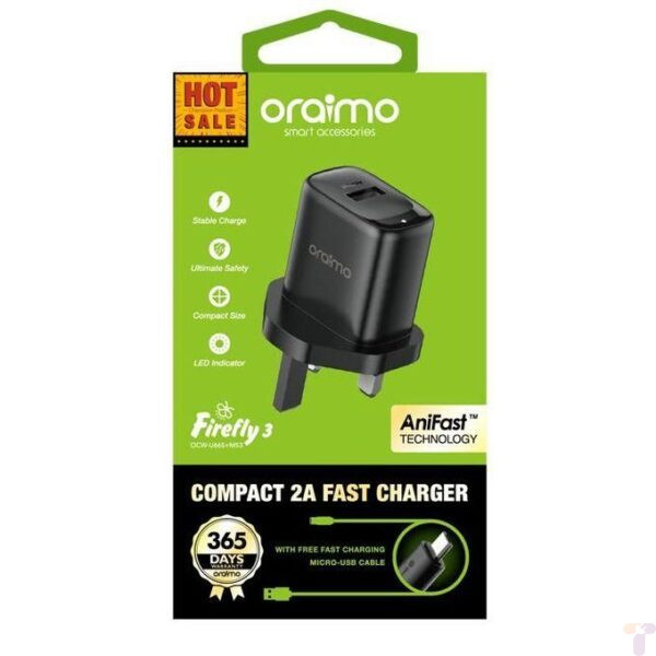 Oraimo Firefly 3 Fast Charging 2A Charger Kit , Fast Micro USB - Black